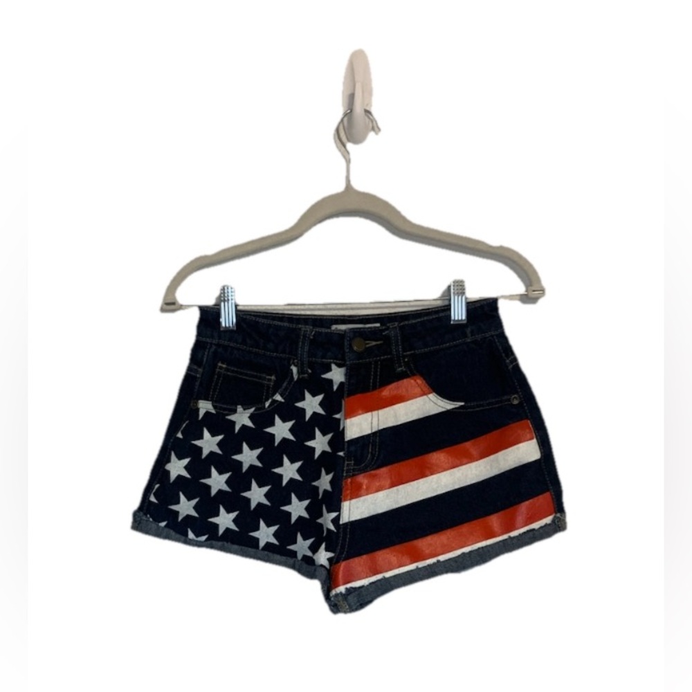 Stradivarius Women Sz 6 Denim Shorts American USA Flag Cuffed HOT Pants